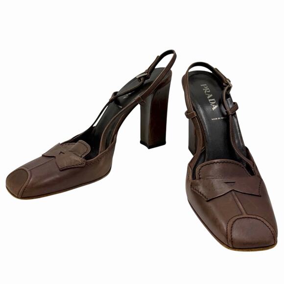VINTAGE Y2K PRADA SLINGBACK PUMPS BRUSHED LEATHER SQUARE TOE BLOCK HEEL 39 8.5 9 - Picture 1 of 8